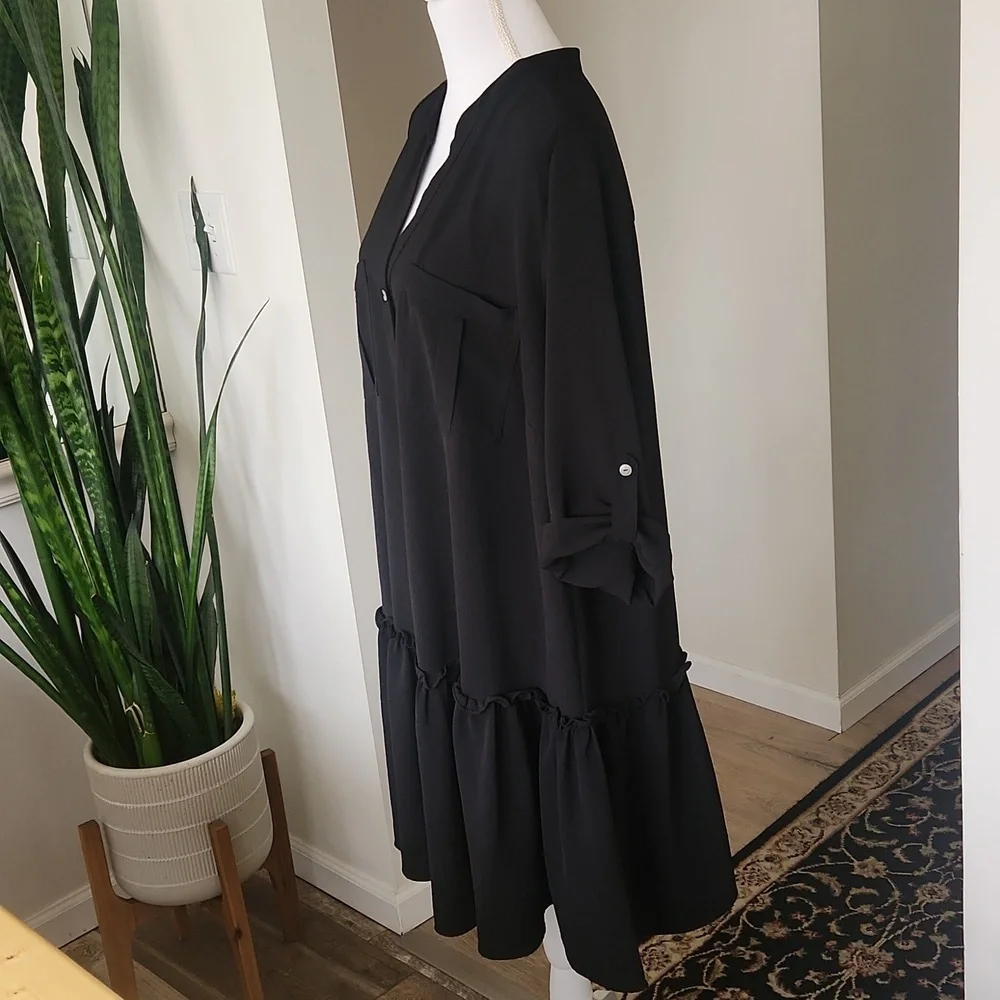 Emma & Michelle Shirt Dress Black Ruffle V-Neck Roll Tab Sleeves 2X - Picture 5 of 12